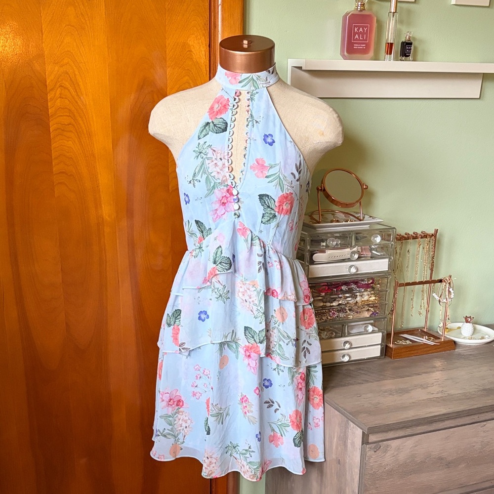 Express Floral Halter Tiered Mini Dress in Light Baby Blue